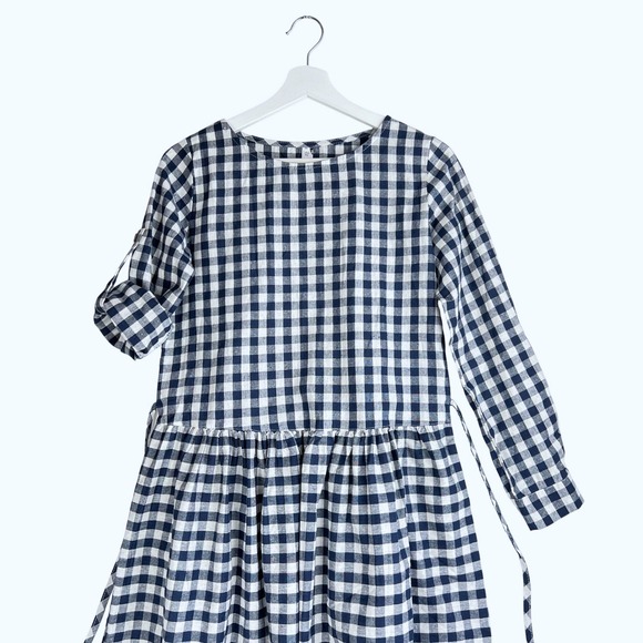 Navy Blue White Gingham Checkered Linen Blend Midi Dress Lagenlook Tie Back - Picture 3 of 9